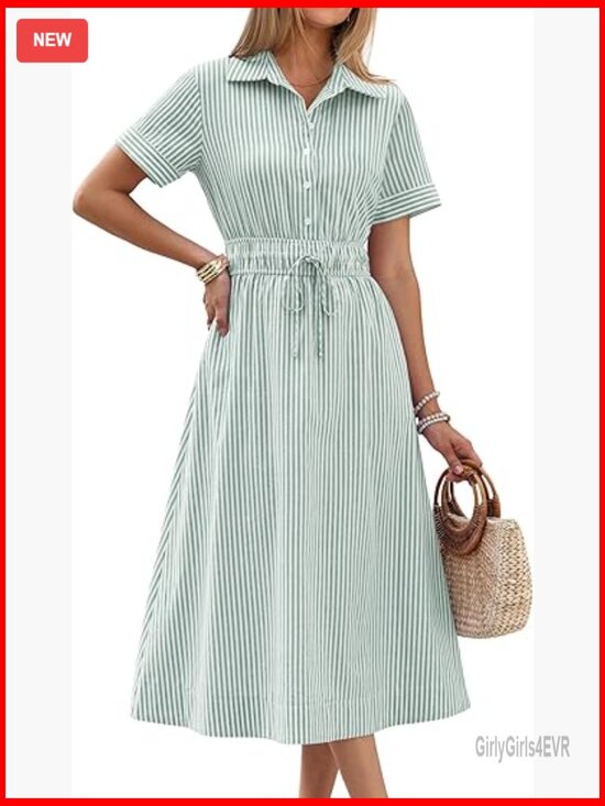 Dresses & Skirts - Womens Midi Dress Short Sleeve Striped Plaid Button Collar Shirt Dress Casual